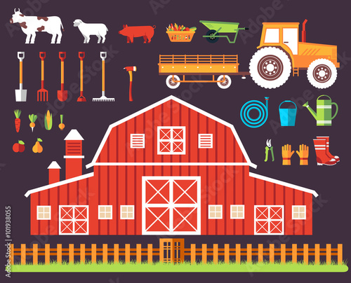 Flat farm in village set sprites and tile sets. instruments, flowers, vegetables, fruits, hay, farm building, animals, tractor, tools, clothing. Vector illustrations design background concept