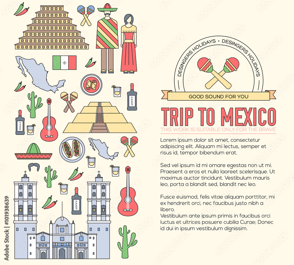 Country Mexico travel vacation guide of goods, places and features. Set of architecture, food, fashion, items, nature background concept. Country Mexico travel vacation guide of goods, places and features. Set of architecture, food, fashion, items, nature background concept.