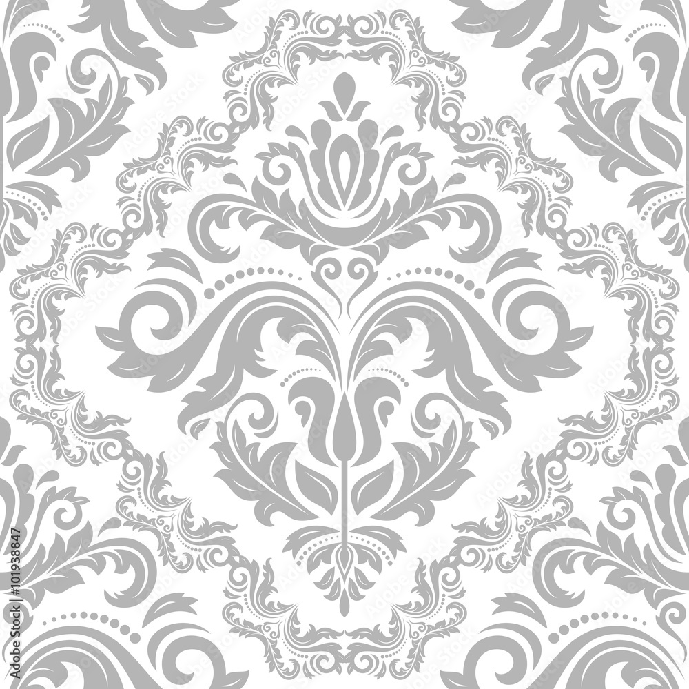 Damask seamless ornament. Traditional silver pattern. Classic oriental background