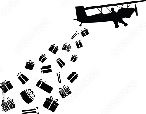 Plane throwing gifts illustrated on white