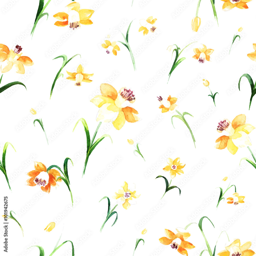 Floral watercolor pattern with yellow daffodils on white background.