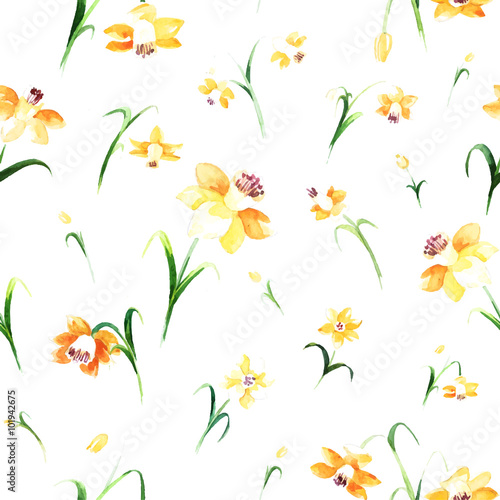 Floral watercolor pattern with yellow daffodils on white background.