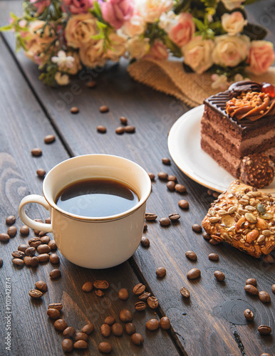 Wallpaper Mural white cup of strong morning coffee on a brown table Torontodigital.ca