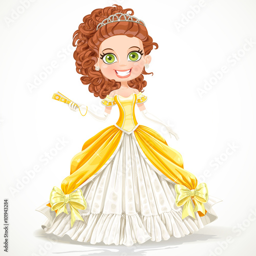 Beautiful princess in a yellow ball dress with a fan in his hand