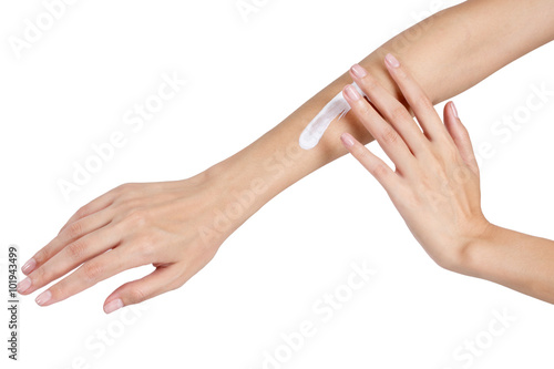 Beauty asian woman hands apply lotion and cream on her hand.