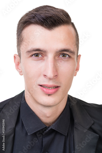 Portrait of young happy smiling business man, isolated over white