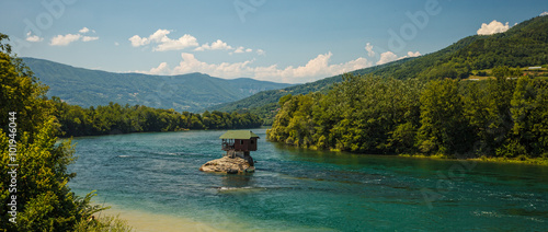 Serene lonely house on the river Drina in Bajina Basta Serbia photo