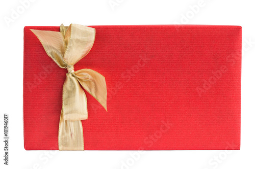 Wrapped gift box with gold ribbon isolated over white background