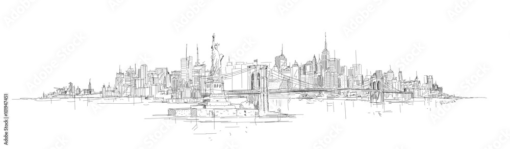 Fototapeta wektor szkic strony rysunku panoramę Nowego Jorku sylwetka