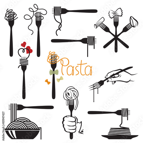 Murais de parede collection of fork and dish with various pasta
