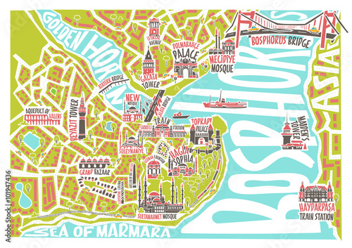 Fotografie, Obraz Vector illustration colored istanbul map with famous landmarks