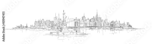 vector sketch hand drawing panoramic new york city silhouette