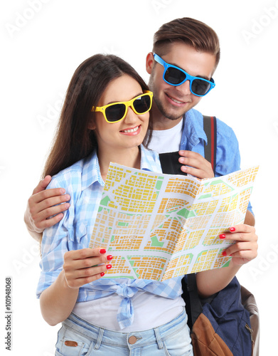 A pair of happy tourists si...