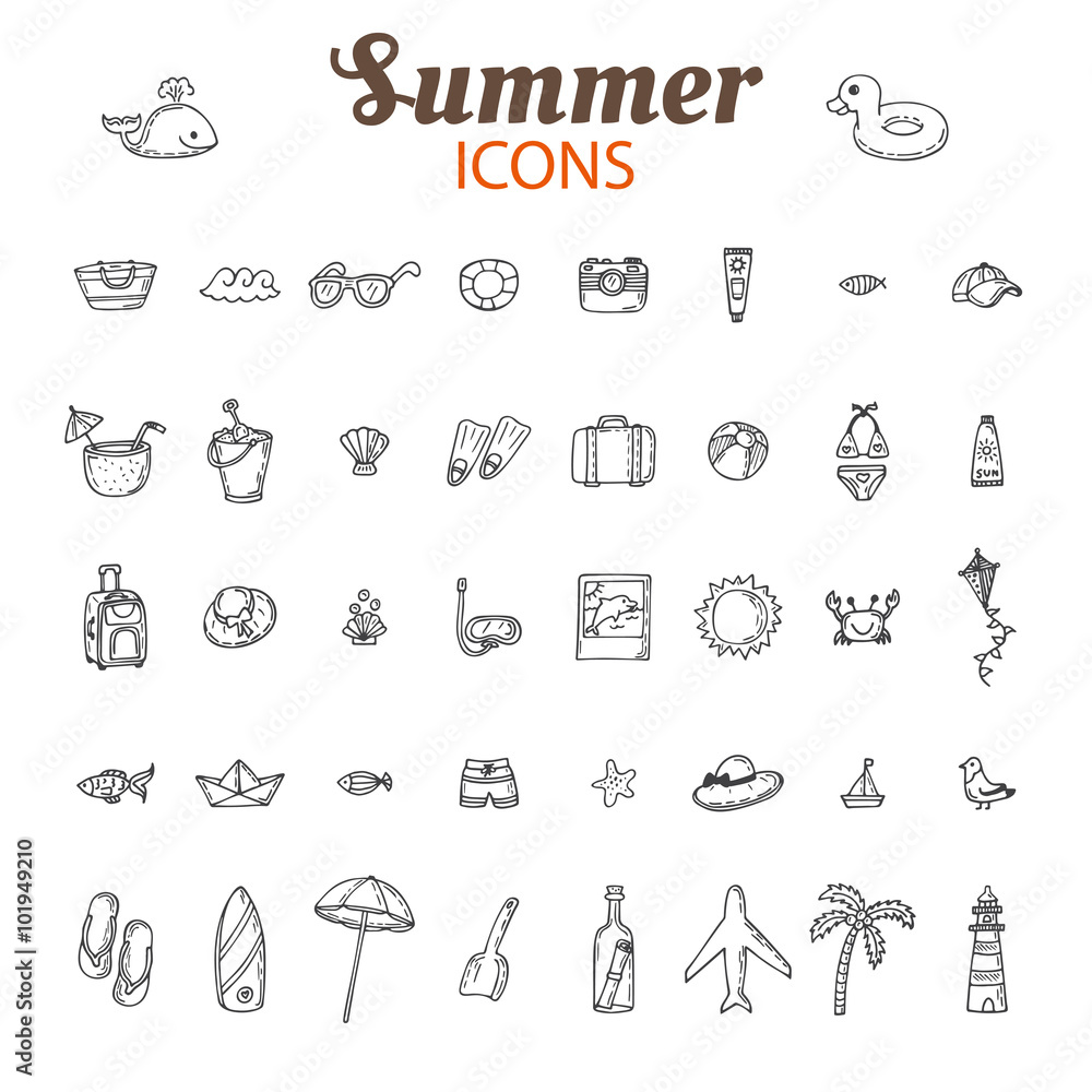 Hand drawn summer vector icon set. Beach icons collection. Vacat