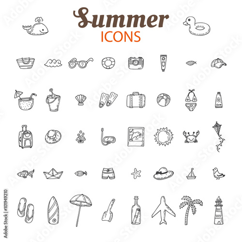Hand drawn summer vector icon set. Beach icons collection. Vacat