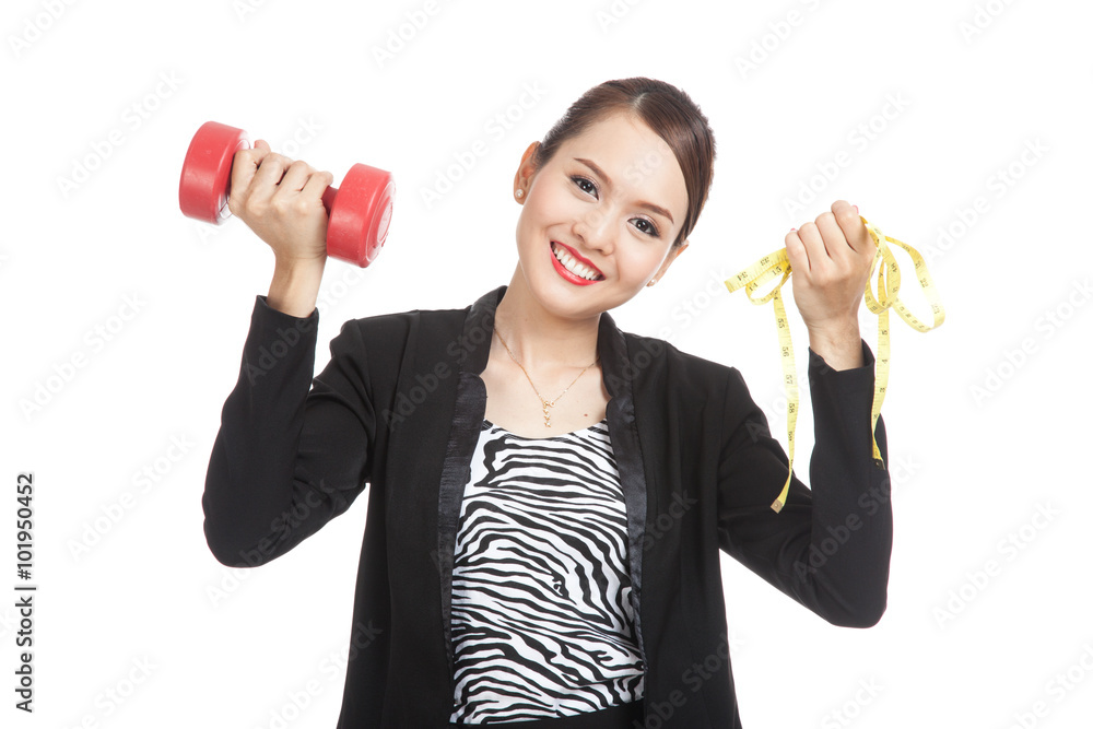 Healthy Asian business woman with dumbbells and measuring tape Healthy Asian business woman with dumbbells and measuring tape