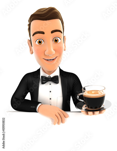 3d waiter behind empty wall and holding a cup of coffee