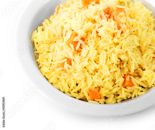 Dish of vegetarian rice isolated on white