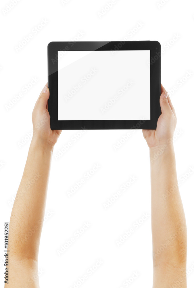 Black tablet in hands isolated on white background Black tablet in hands isolated on white background