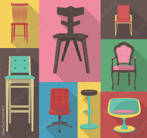 vector flat design icon set of chairs illustration