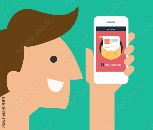 Vector Character holding smart phone in hand with email social network. Message send on mobile phone. Email marketing. Flat style vector illustration