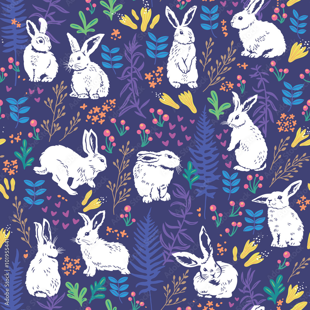 Floral pattern with white bunnies Floral pattern with white bunnies