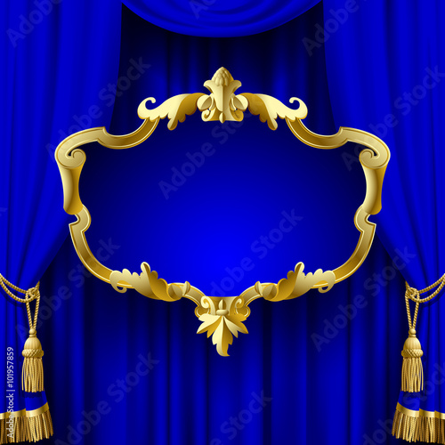 Blue curtain with a decorative gold baroque frame
