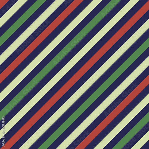 Seamless geometric pattern. Stripy texture for neck tie. Diagonal contrast strips on background. Contrast dark blue, red, green colors. Vector