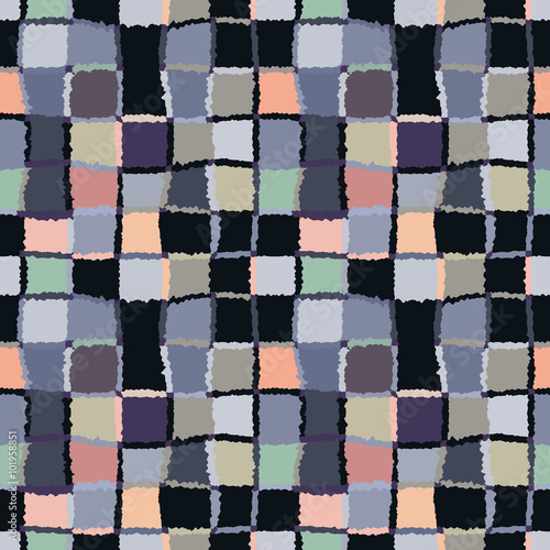 Seamless geometric mosaic checked pattern. Background of woven rectangles and squares. Patchwork, ceramic, tile texture. Cold, gray, black, green, rose colors. Vector © valeriaz