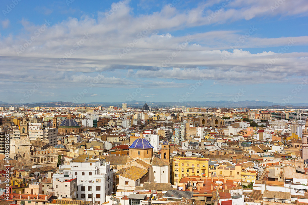Aerial view on Valencia old city landmarks and urban architecture. Colorful urban architecture of Valencia, Spain.