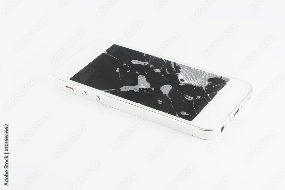 Smart phone with broken screen isolated on white background Smart phone with broken screen isolated on white background