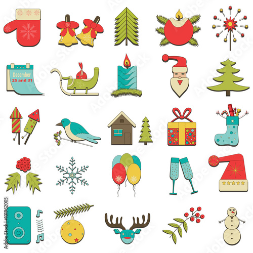set of 25 colored Christmas icons