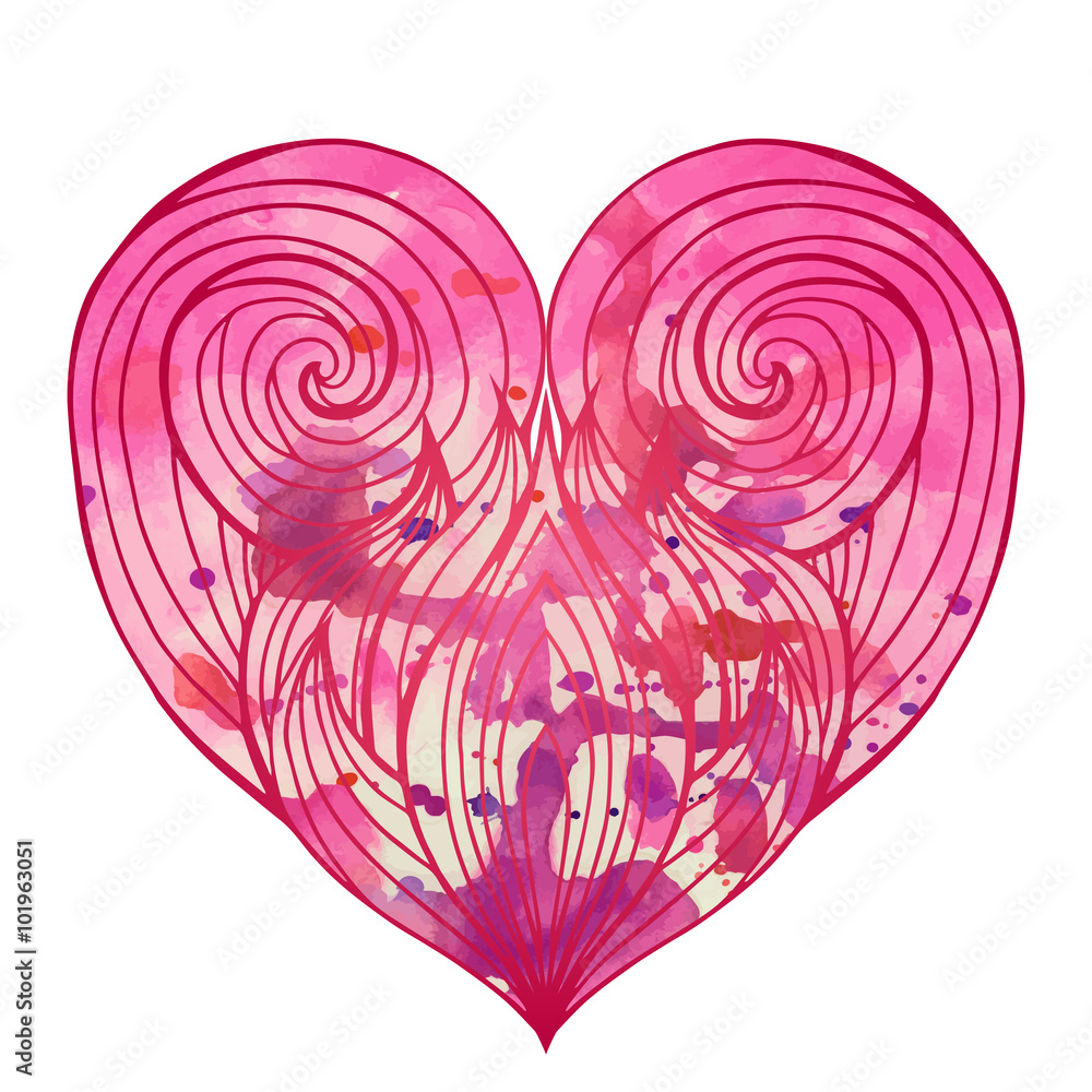 Φωτογραφία Doodle heart with the hair pattern and pink watercolor background