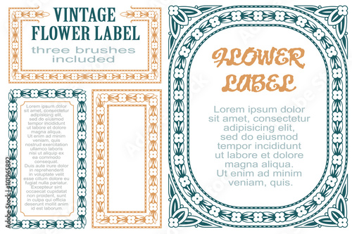 Vector flowers vintage labels on different versions. Three brush