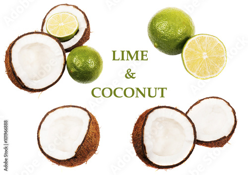 Coconut and lime isolated on white background