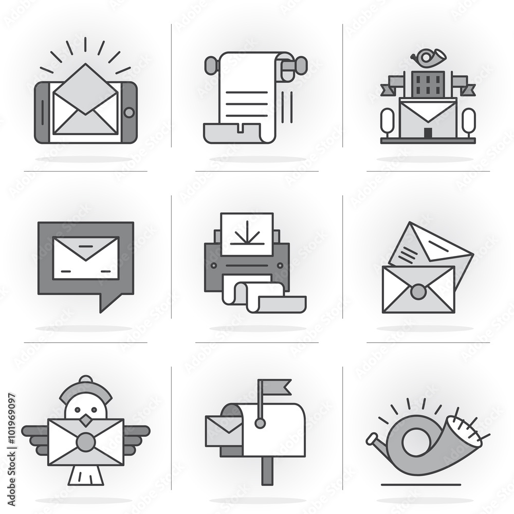 Flat Line Icons Set. E-mail, Post Office, a Communication Method. Isolated Objects in a Modern Style for Your Design. Flat Line Icons Set. E-mail, Post Office, a Communication Method. Isolated Objects in a Modern Style for Your Design.