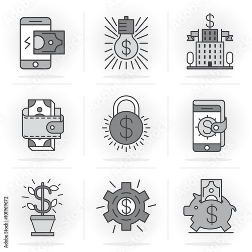 Set of vector icons into flat style. Mobile commerce, online payment, receipt of payments, banking, monetary transactions. Isolated Objects in a Modern Style for Your Design.
