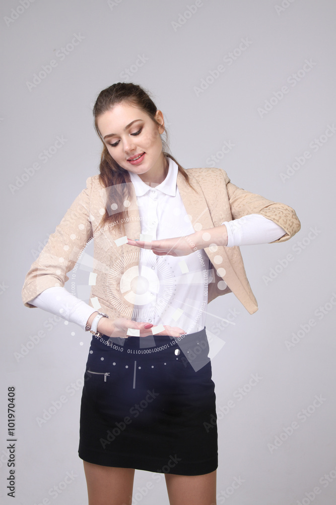 Future technology. Woman working with futuristic interface Future technology. Woman working with futuristic interface