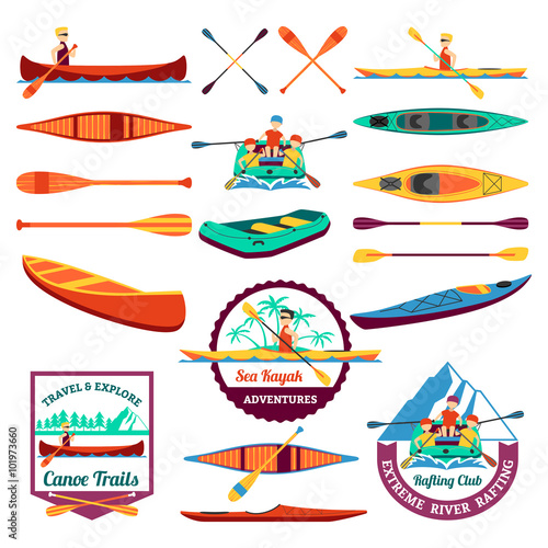 Obraz na plátne Rafting Canoeing And Kayak Elements Set