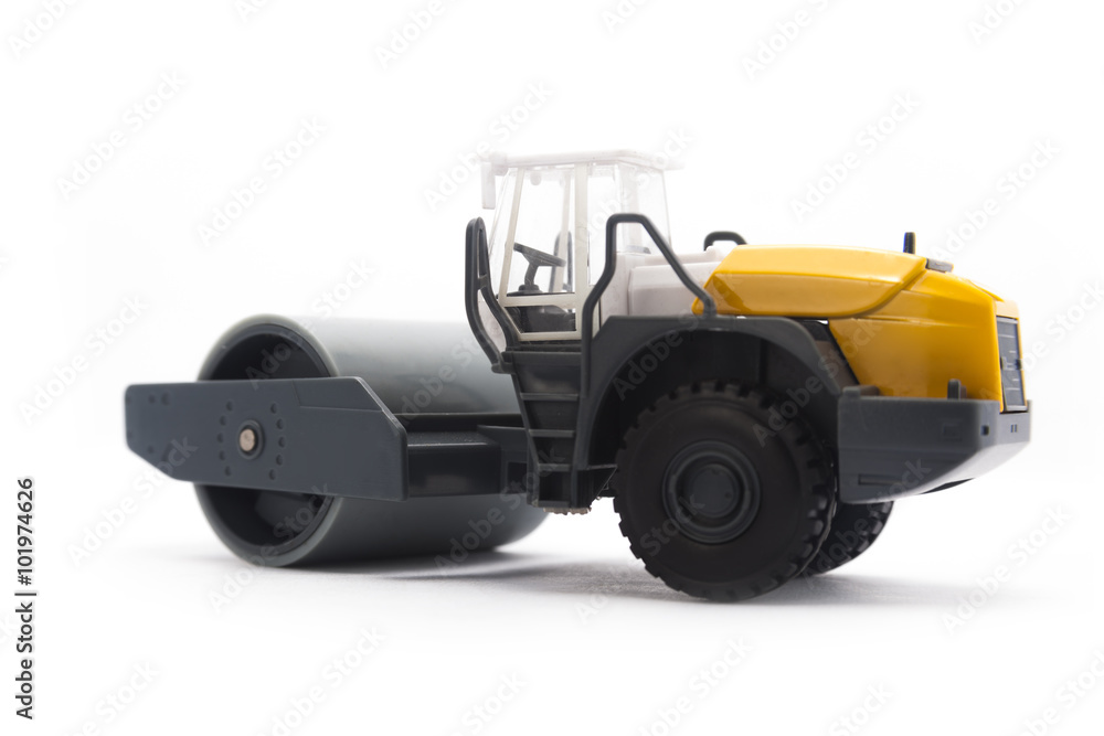 Roller engineering vehicle compact soil construction machinery toy isolated on white