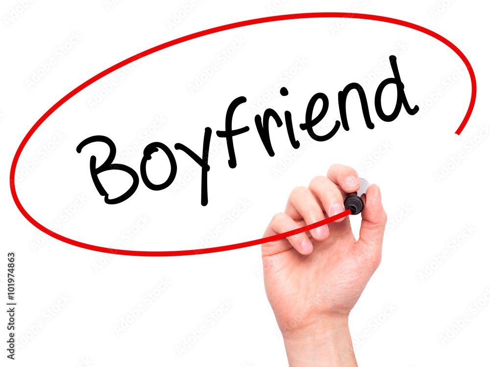 Man Hand writing Boyfriend with black marker on visual screen. Man Hand writing Boyfriend with black marker on visual screen.
