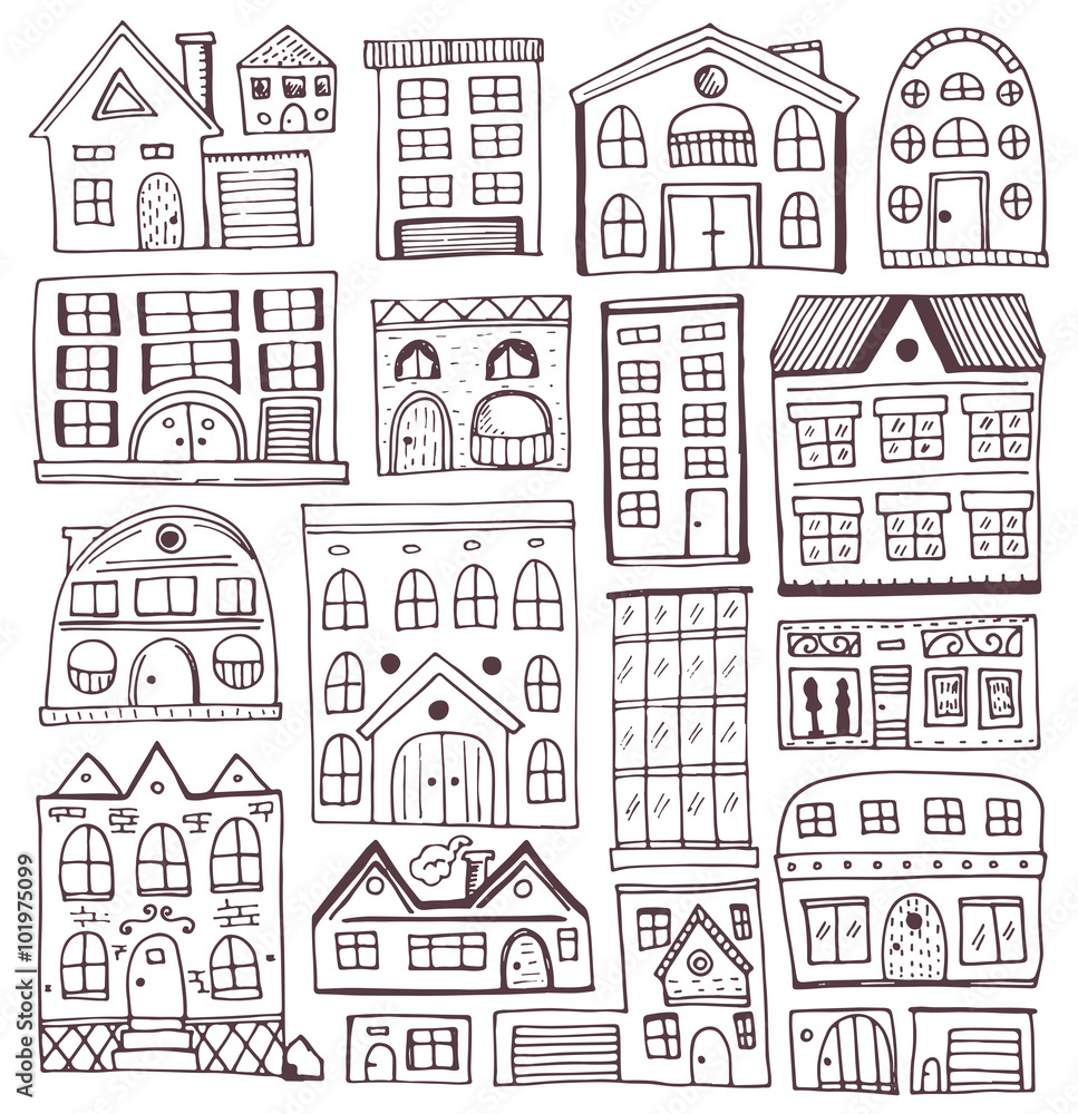 Sketch set of houses in doodle style