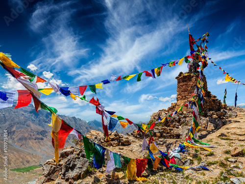 Buddhist prayer flags in Himalayas photo