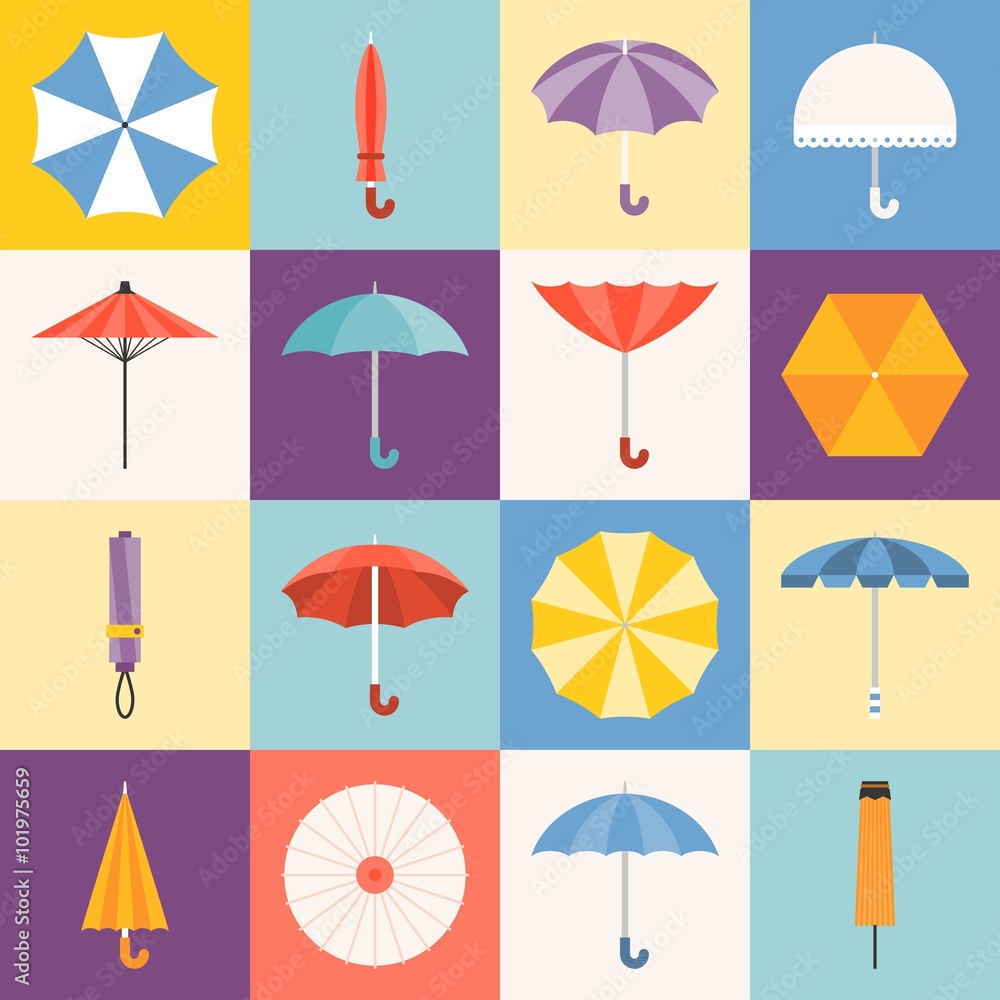 Vector umbrella icons collection, flat design - obrazy, fototapety, plakaty 