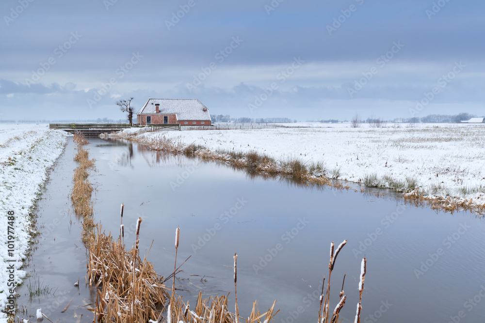 house by river in snow on Dutch farmland