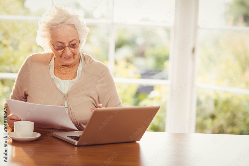 Senior woman dealing with documents while using laptop Senior woman dealing with documents while using laptop