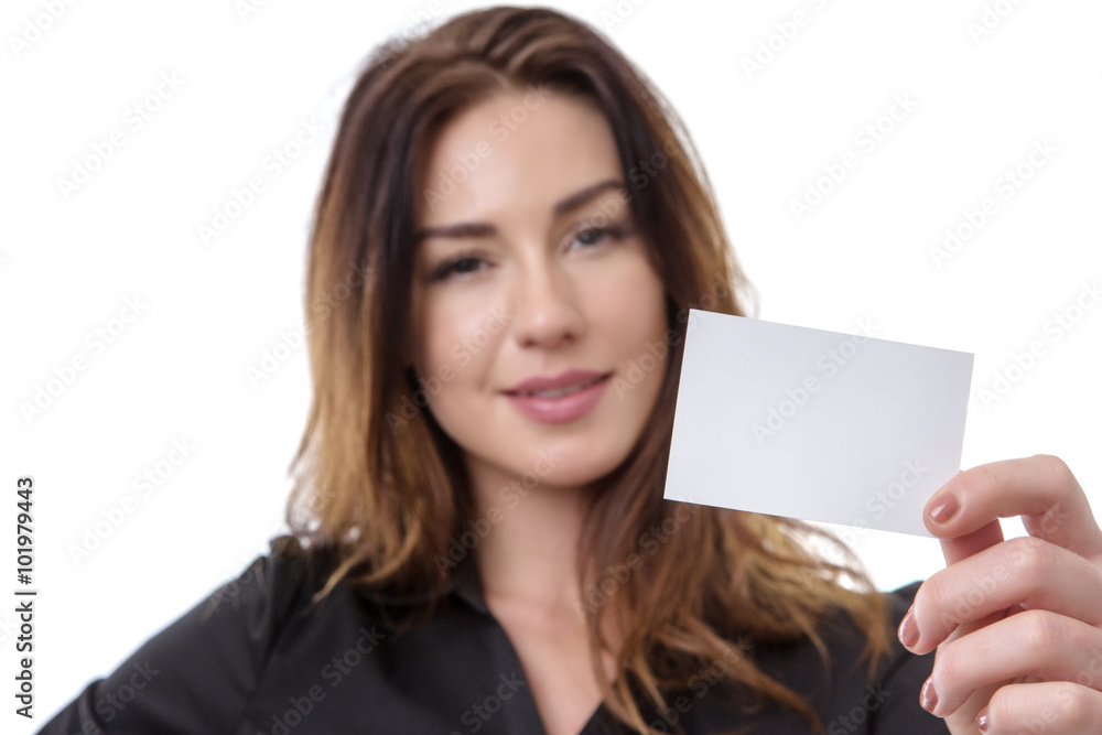 Business Woman holding white card Business Woman holding white card