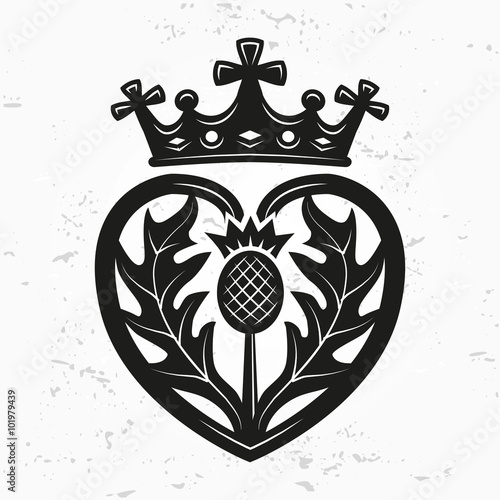 Luckenbooth brooch vector design element. Vintage Scottish heart shape with crown and thistle symbol logo concept. Valentine day or wedding illustration on grunge background. photo