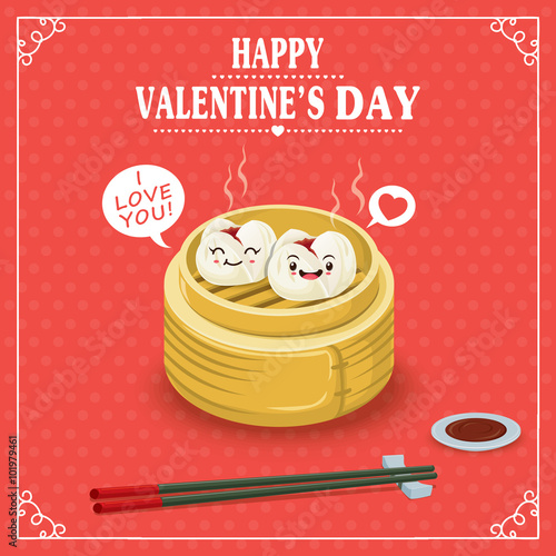 Vintage Valentines Day poster design with dim sum character