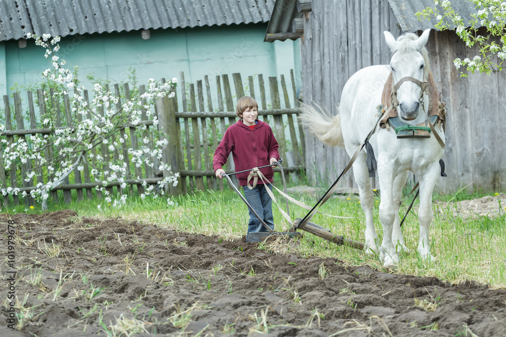 Ταπετσαρία Young farmer tilling soil with traditional single-sided ploughing